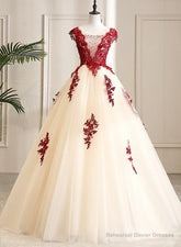 Gorgeous Champagne Tulle Long Sweet 16 Dress with Red Lace, Formal Gown
